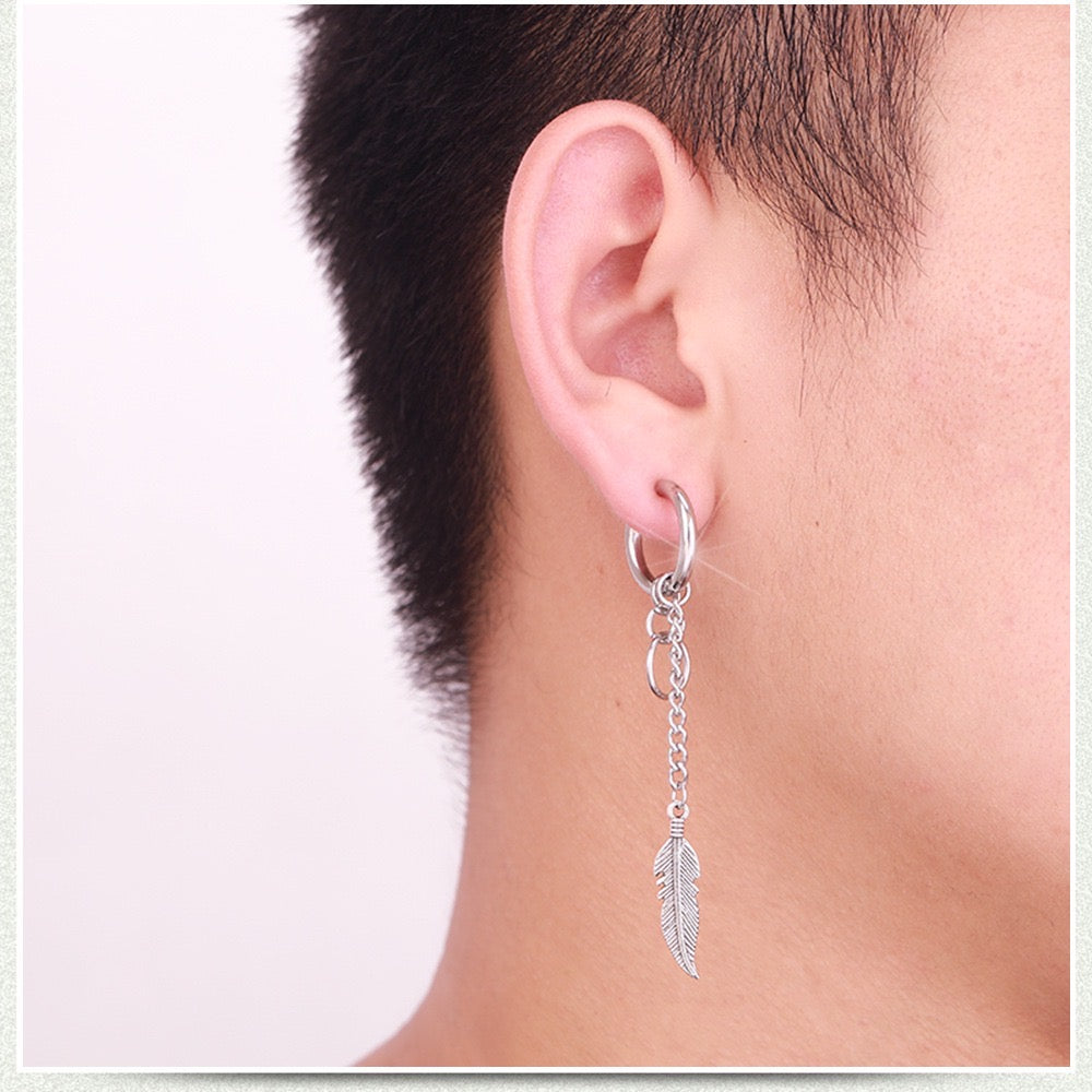 Punk Stainless Steel Hoop with Leaf and Cross Tassels Men's Earrings